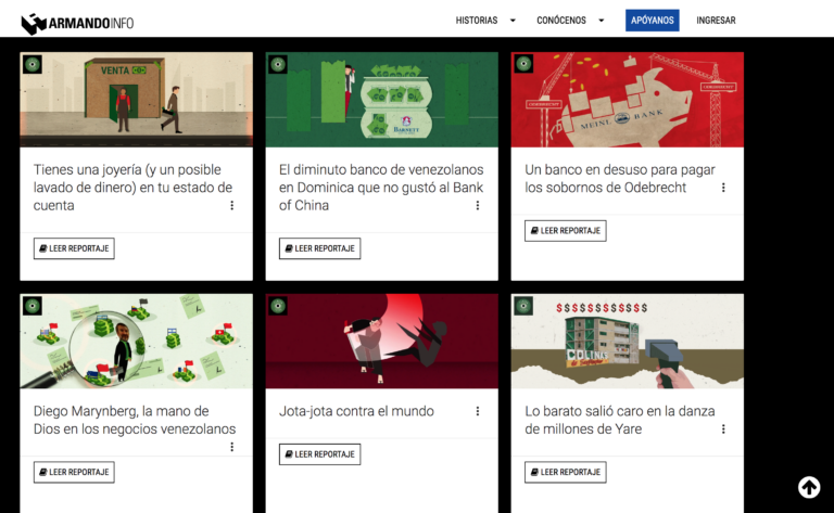 Algunas de las investigaciones sobre FinCEN Files publicadas por Armando.info. (Captura de pantalla)